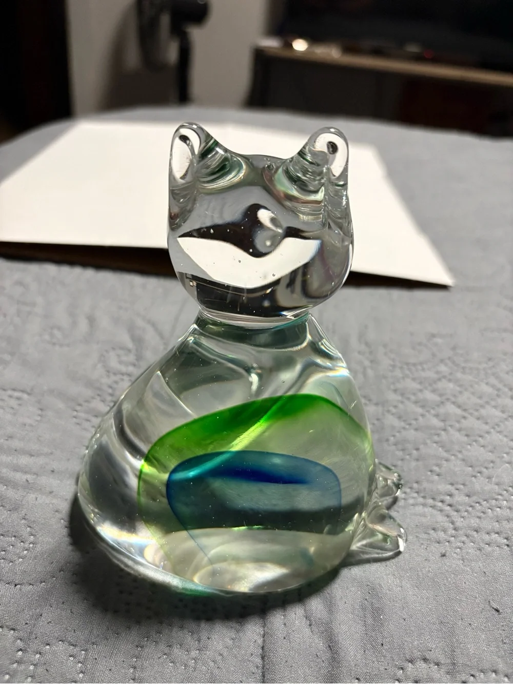 Clear Glass Cat Figurine with Green and Blue Swirl - Brand Unbranded